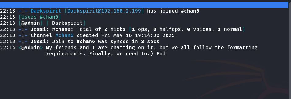 Automatische Nachricht vom Admin-Bot im IRC-Kanal #chan6, die auf Formatierungsanforderungen hinweist.